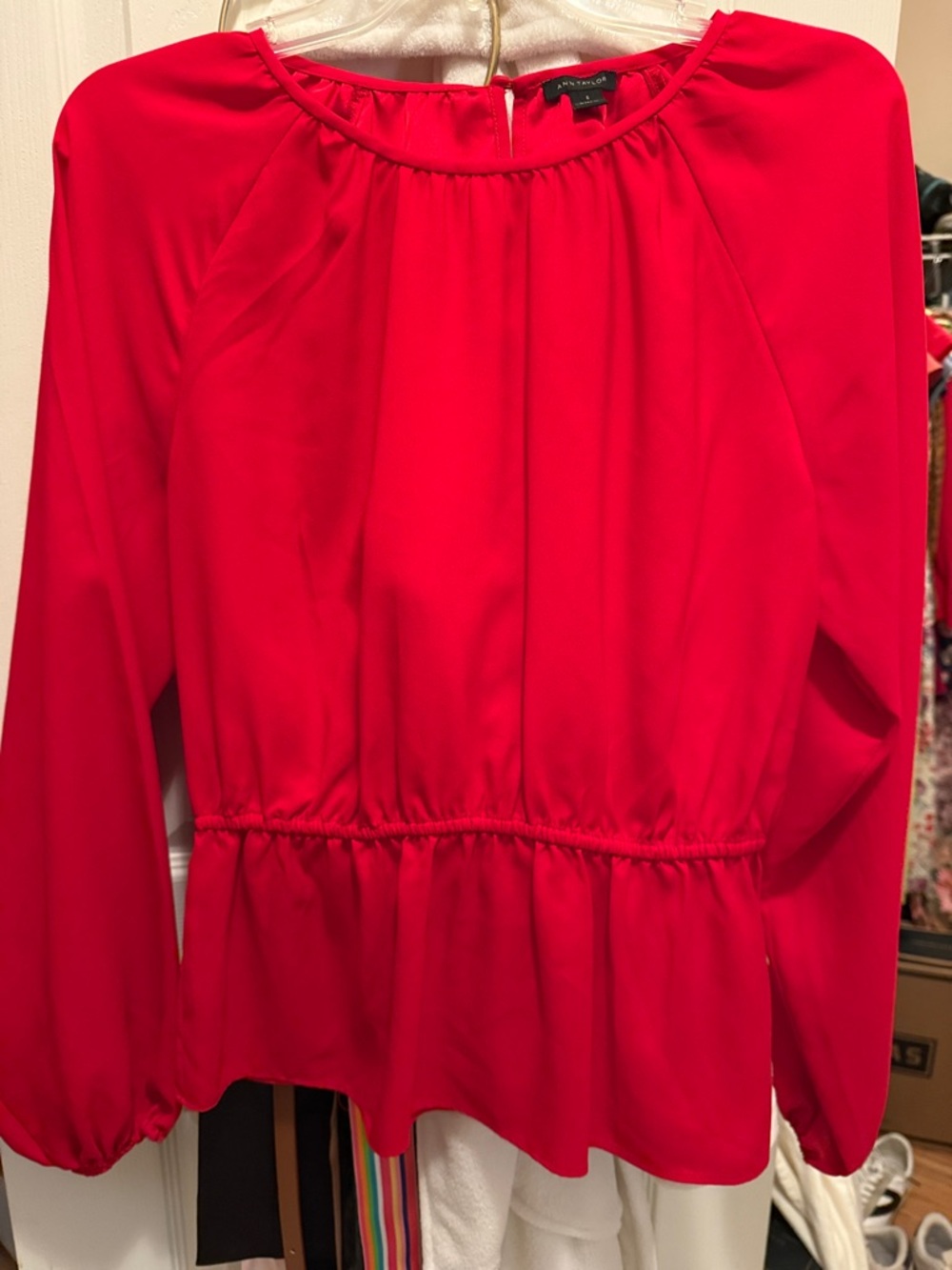 Ann Taylor Red Long-Sleeve Peplum Blouse